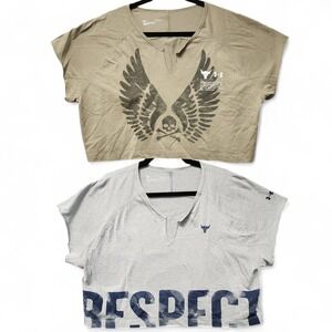 Lot of 2 Under Armour Project Rock Shirts Womens Large Crop‎ Gym Slit Necks READ